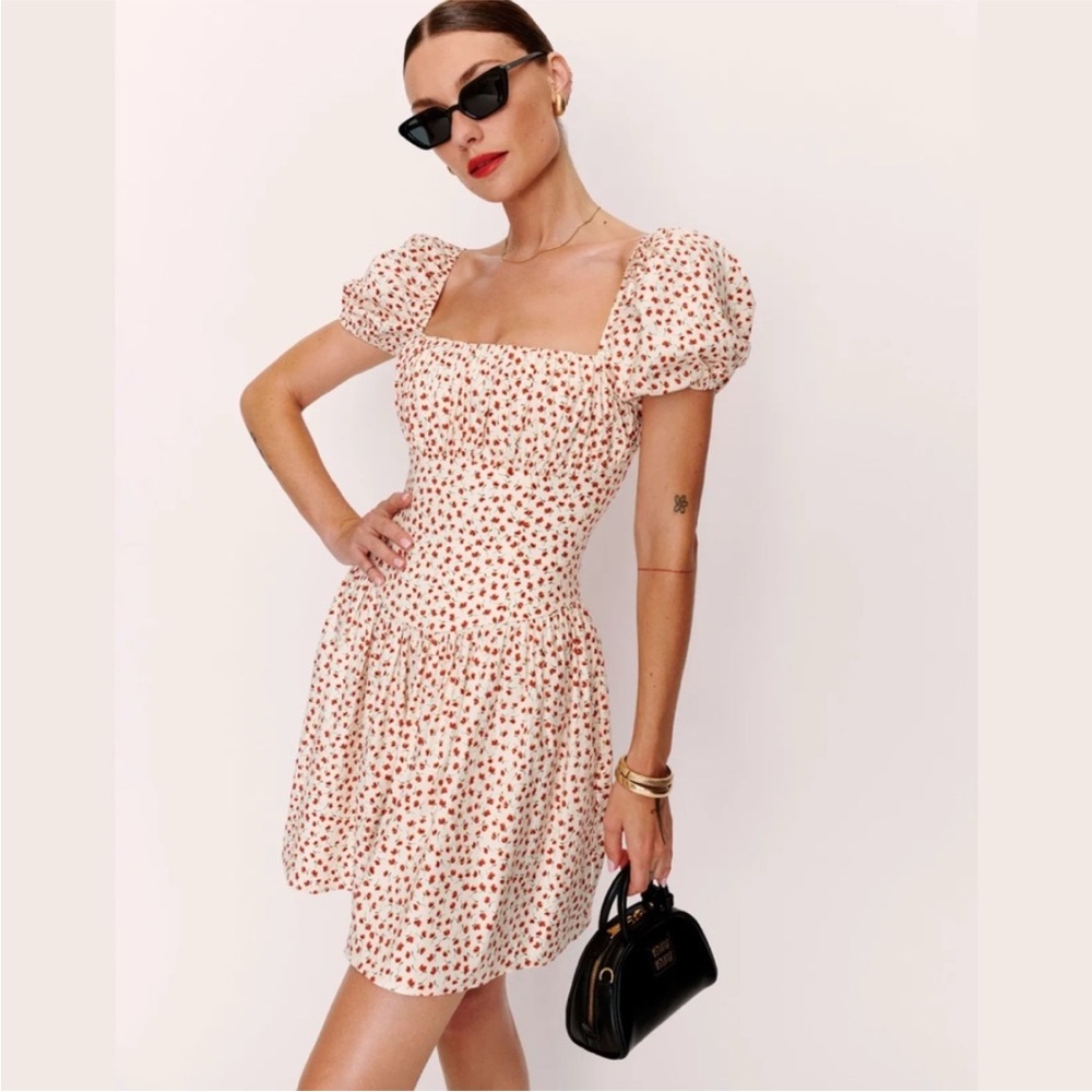 NWT Reformation Cottagecore Marielle Puff Sleeve Mini Dress In Fresa Sz 4 - Picture 6 of 15